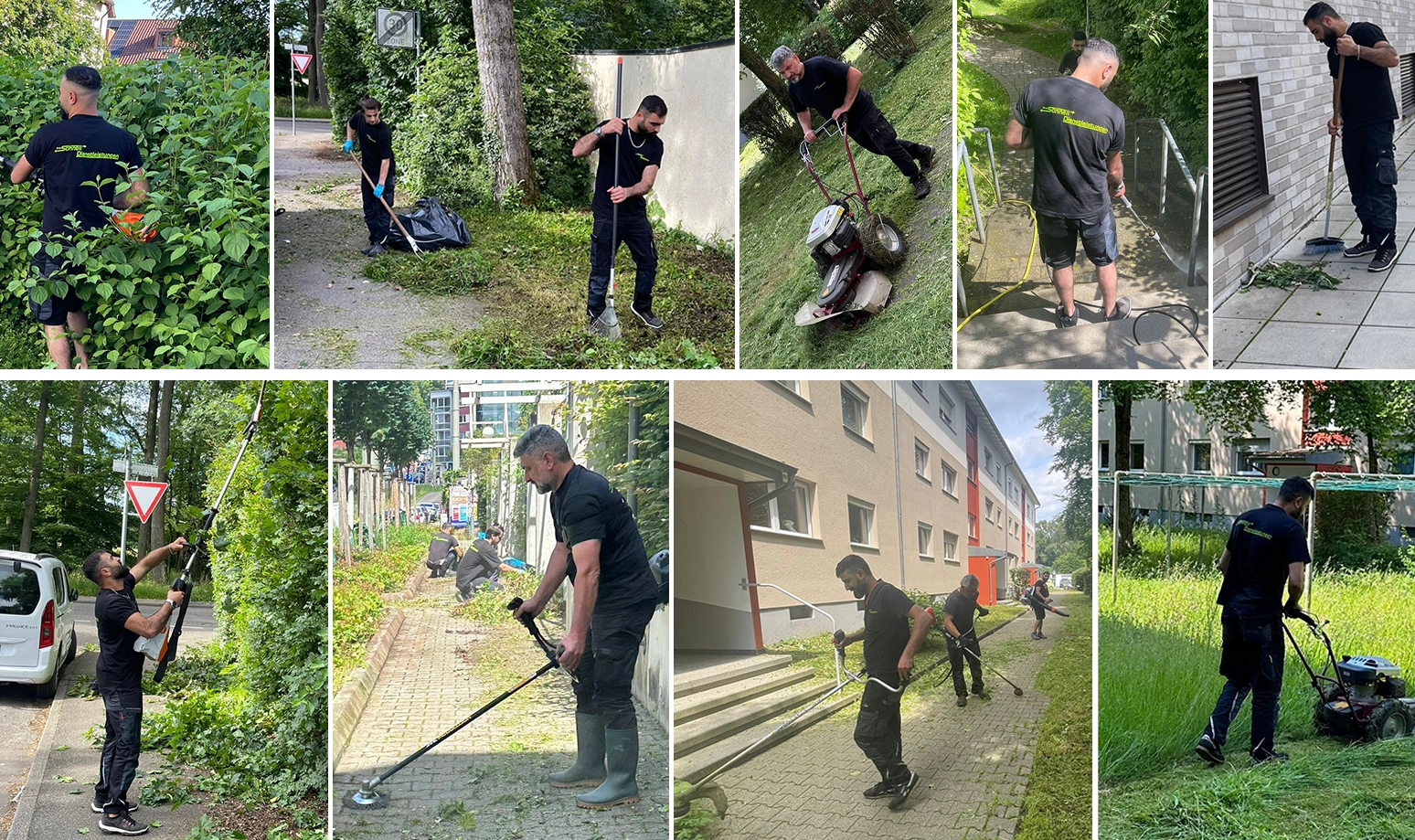 Hausmeisterservice in Stuttgart durch Schnell Dienstleistungen – Mitarbeiter beim Laubkehren, Rasenmähen, Heckenschneiden und der Außenpflege